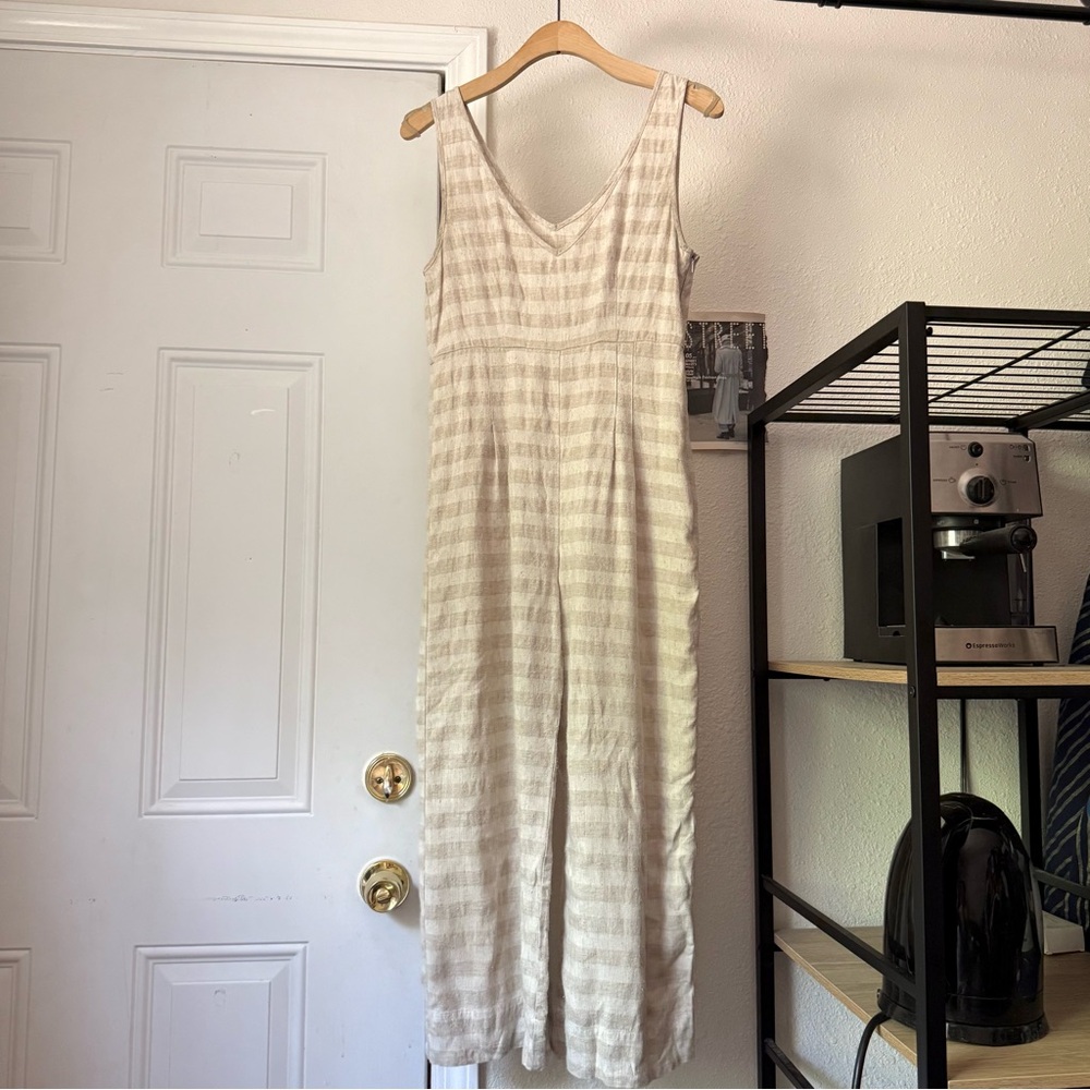 CHRISTY DAWN cream tan striped linen v neck‎ back sleeveless cropped jumpsuit